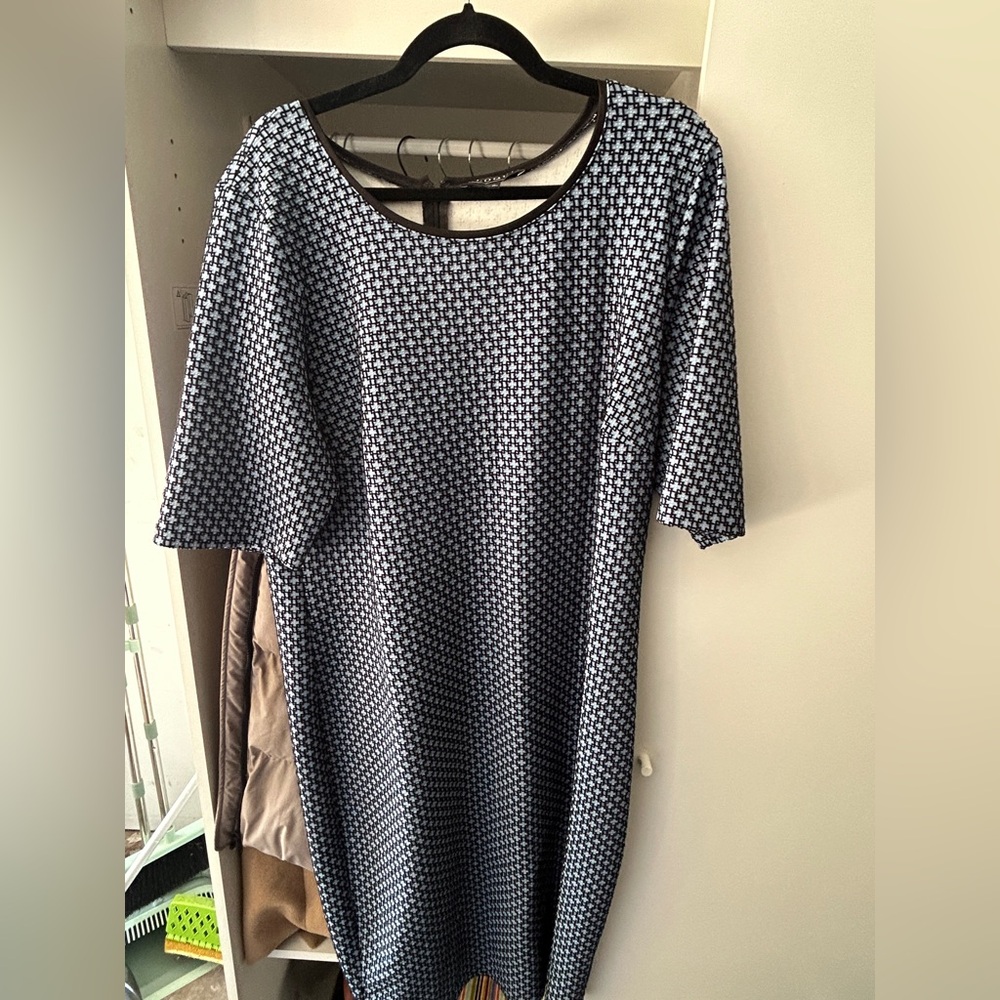 Eloquii Blue and White Midi Sheath Dress with Crew Neck